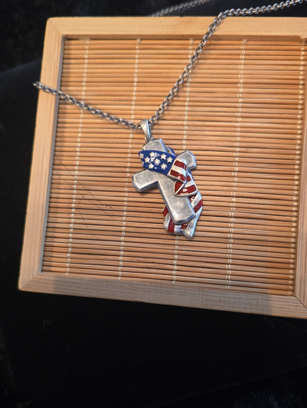 American Flag Cross Pendant Necklace - Silver Red White Blue